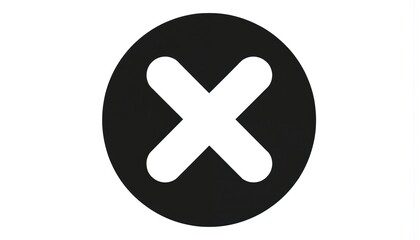 Obraz premium Black circle with white X, round icon, cancel sign, cross symbol. White X on black background, bold and clear. Simple graphic, no text, no clutter. Uniform gray background, contrast with X and circle.