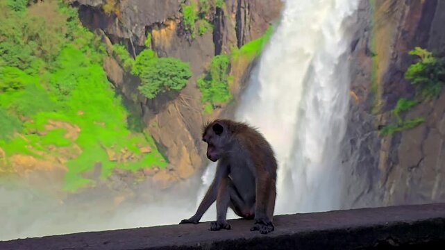 4K footage of a toque macaque monkey sits on a rock in front of a majestic tropical waterfall in Sri Lanka.