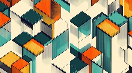 Abstract geometric design featuring colorful blocks and shapes.