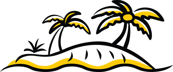 Stylized Island With Palm Trees Outline In Yellow, Isolated On White