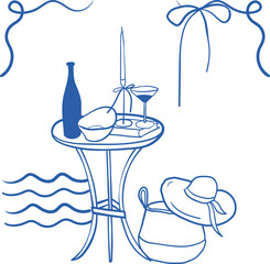 Vector hand-drawn card about seaside vacation with frame, cocktail glass, bow, picnic table, wine in Mediterranean party style. Greeting card, party or wedding invitation, menu, poster, banner, cover
