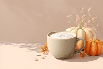 Pumpkin spice latte cup in a cozy fall setting with whipped cream and cinnamon – the perfect seasonal drink to warm up autumn days. Pumpkin coffee. Cappuccino. Autumn hot drink menu