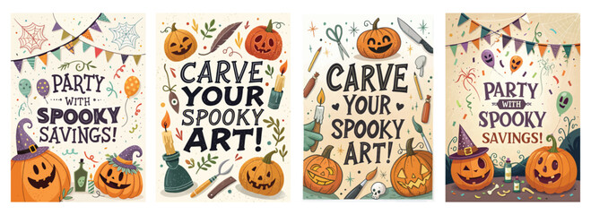 Set of four vibrant Halloween posters with festive pumpkins and carving party elements
