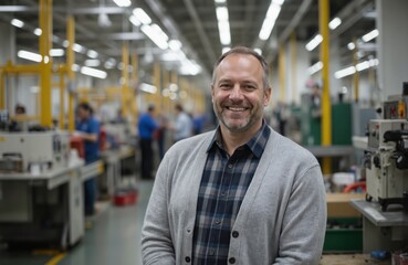 Obraz premium Middle-aged man smiling wearing gray shirt against busy factory assembly line. Industrial machinery and equipment behind him. Factory production line with metal tank and workers in distance.