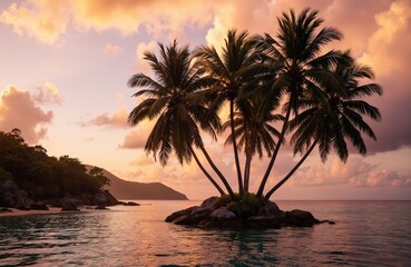 Serene tropical island scene with white-capped palm trees. Small island surrounded by turquoise water, sandy beach, and distant horizon. Bird eye view with warm orange and pink sky hues.
