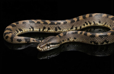 Close-up of white-lipped pit viper on black background. Snake body coiled, ready to unfurl head. Skin features striking patterns of white spots on mix of black, brown scales. Full view of head