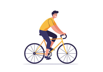 Fototapeta premium A smiling man rides a yellow bicycle with black tires on a white background