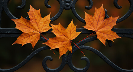 Naklejka premium Three orange maple leaves resting on black wrought iron fence 