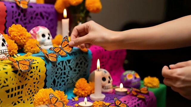 Hand placing a butterfly on a vibrant Day of the Dead altar adorned with marigolds, sugar skulls, candles, and papel picado, celebrating a rich cul...