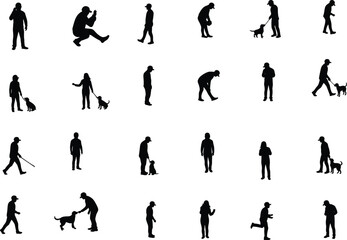 Dog owner silhouette set, pet interaction vector, human with dogs icons, editable black figures, companionship poses, lifestyle artwork