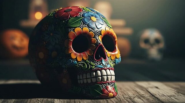 Vibrant Calavera Sugar Skull with Intricate Floral Patterns on Rustic Wood, Symbolizing Remembrance and Celebration