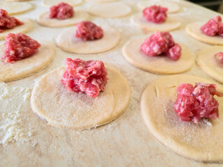 Round raw dumplings on the table, sprinkled with flour and rolled before filling with home-made meat. Traditional process of making Russian dumplings. Step-by-step overview of the cuisine Food concept