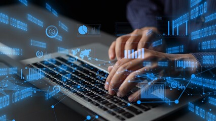 A close-up of hands typing on a laptop, surrounded by vibrant digital graphs and analytics, showcasing the integration of data in a modern workspace. Xenic