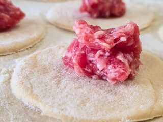 Round raw dumplings on the table, sprinkled with flour and rolled before filling with home-made meat. Traditional process of making Russian dumplings. Step-by-step overview of the cuisine Food concept
