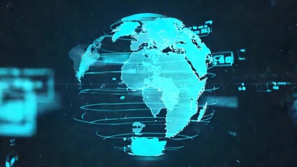 Dynamic digital globe spins with futuristic data streams connecting global networks and abstract technological elements creating a vibrant cyberspace. - Powered by Adobe