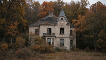 Old, abandoned stone house in rural area. Dilapidated building with porch, window, and door. Surrounding trees have autumn leaves in orange, yellow shades. Dry grass covers the ground.
