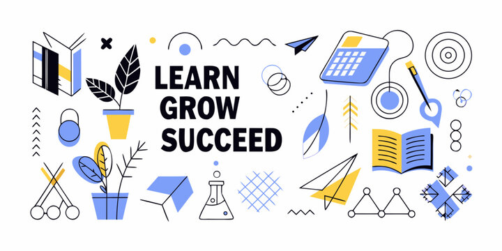 Learn grow succeed motivational banner with educational icons - Powered by Adobe