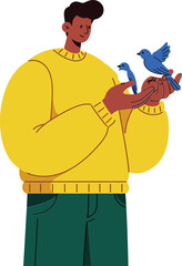 Young man in yellow sweater feeding blue birds with seeds in hand simple vector illustration