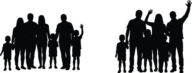 Editable family icons, silhouette vector groups, parents with children, waving gesture, diverse bonding scenes, connection pack, black figures artwork