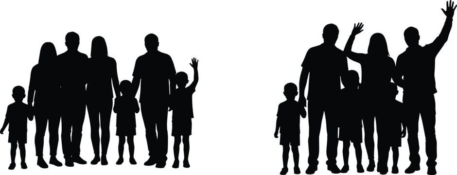 Editable family icons, silhouette vector groups, parents with children, waving gesture, diverse bonding scenes, connection pack, black figures artwork