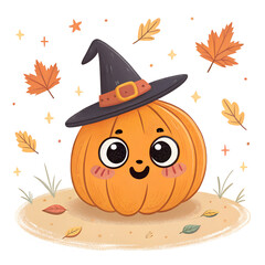 Fototapeta premium Adorable Pumpkin with Witch Hat Halloween Art