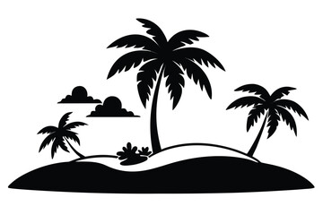 Tropical Island Silhouette with Palm Trees and Clouds on White Background