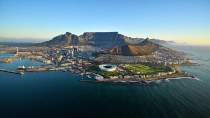 Aerial View of Cape Town, South Africa with Table Mountain and Stadium
