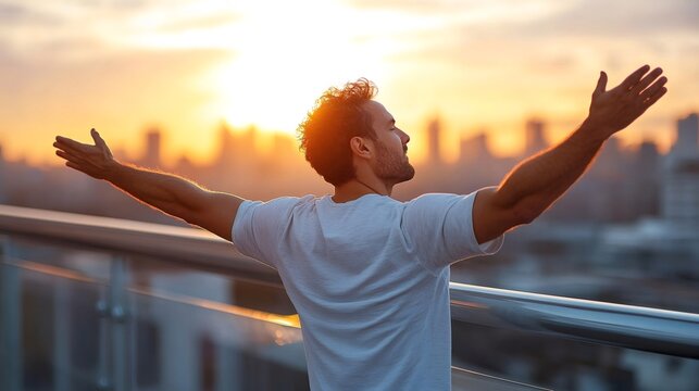 Man embracing the city skyline at sunset with open arms