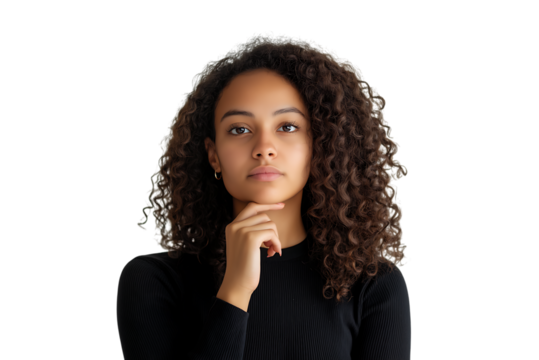 Young curly-haired woman thinking with hand on chin PNG cutout