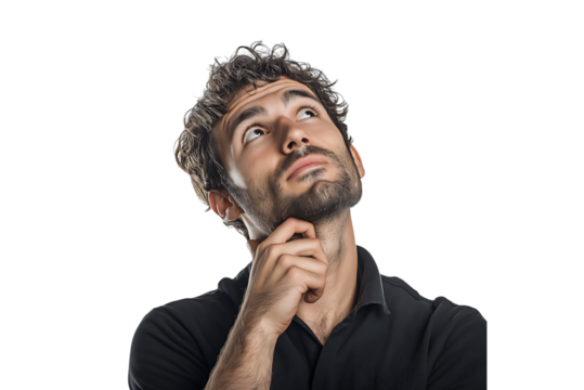 Curious man looking up with thoughtful confused expression PNG
