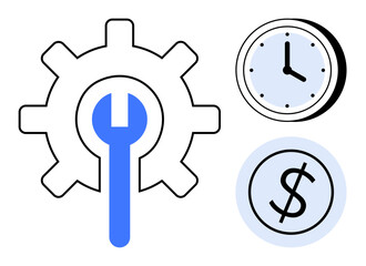 Gear with wrench, clock, and dollar sign symbolizing technical solutions, time management, and financial optimization. Ideal for productivity, workflow, maintenance, budgeting efficiency