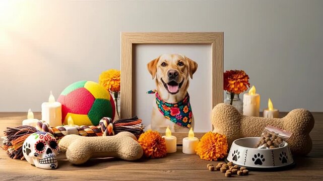 D&iacute;a de Muertos Pet Ofrenda: Loving Memorial Altar for a Beloved Dog with Photo, Marigolds, Candles, and Treats