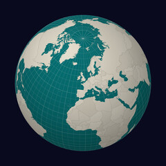 Jersey on the map. Globe centered to Jersey. Country location on the world map. Teal Pale Mint color palette. Globe with countries, meridians and parallels. Artistic vector illustration.