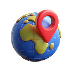 3d globe with red location pin isolated on transparent background