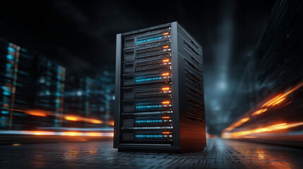 A modern server rack glowing with blue and orange lights in a dark data center, symbolizing digital information and advanced technology