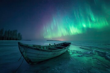 Frozen lake, old boat, vibrant aurora borealis
