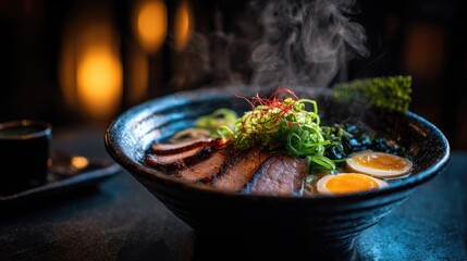 Steaming bowl of ramen with pork, egg, and seaweed