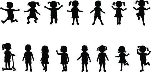 Children silhouette set, playful actions, jumping poses, standing figures, scooter riding, editable vector pack, black icons, isolated kid artwork