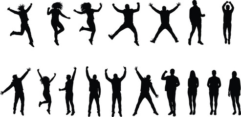 People silhouette set, dynamic movement, jumping poses, expressive gestures, vector icons, isolated black figures, lifestyle collection, editable artwork, stylish design