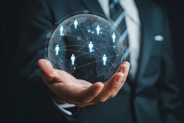 Businessman Holding Digital Globe with Networked People Icons – Global Communication and Team Connection Concept