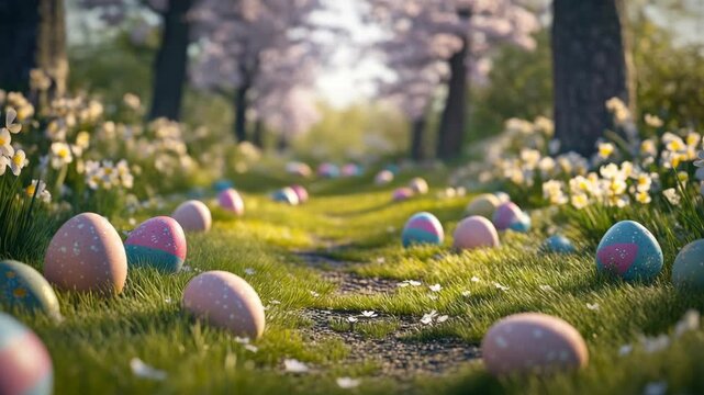 A vibrant garden trail lined with colorful Easter eggs.