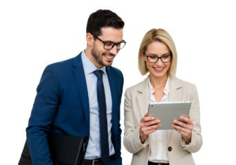 A friendly man in a blue suit and glasses engages with a white woman in a beige blazer, both focused on a tablet PNG.