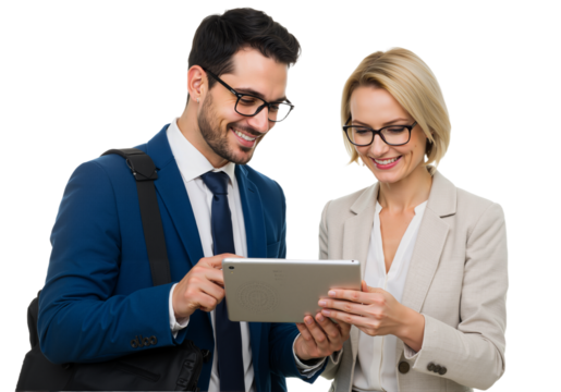 A friendly man in a blue suit and glasses engages with a white woman in a beige blazer, both focused on a tablet PNG. - Powered by Adobe