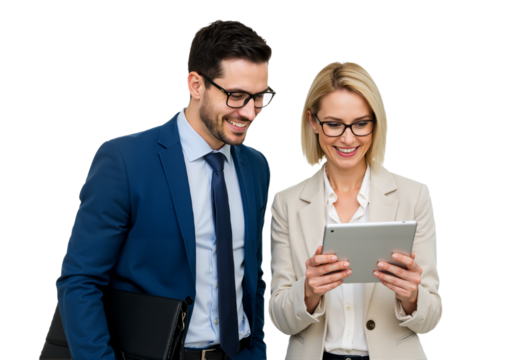 A friendly man in a blue suit and glasses engages with a white woman in a beige blazer, both focused on a tablet PNG.