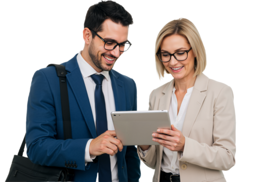 A friendly man in a blue suit and glasses engages with a white woman in a beige blazer, both focused on a tablet PNG.