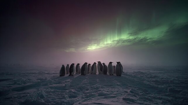 Antarctic penguins huddle under aurora borealis