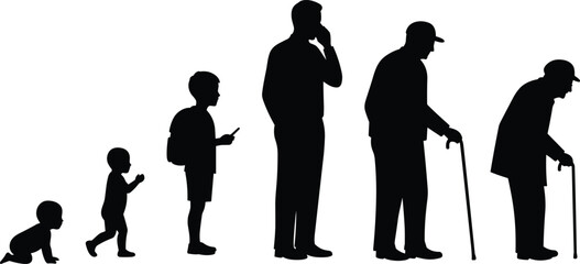 Life stage silhouettes, baby to elderly, age progression, vector icons, isolated figures, editable design, human growth graphic, black artwork