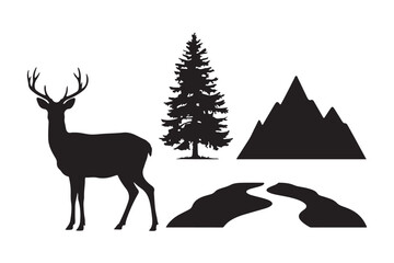 Majestic deer stands tall beside pine tree and mountain landscape silhouettes