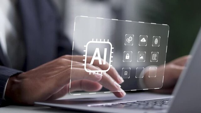AI technology in daily life and business. Access to big data networks, new era innovation and Deep learning. Businessman using laptop with artificial intelligence technology. - Powered by Adobe