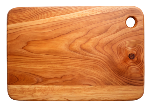 Natural wood cutting board with a handle hole isolated on transparent background